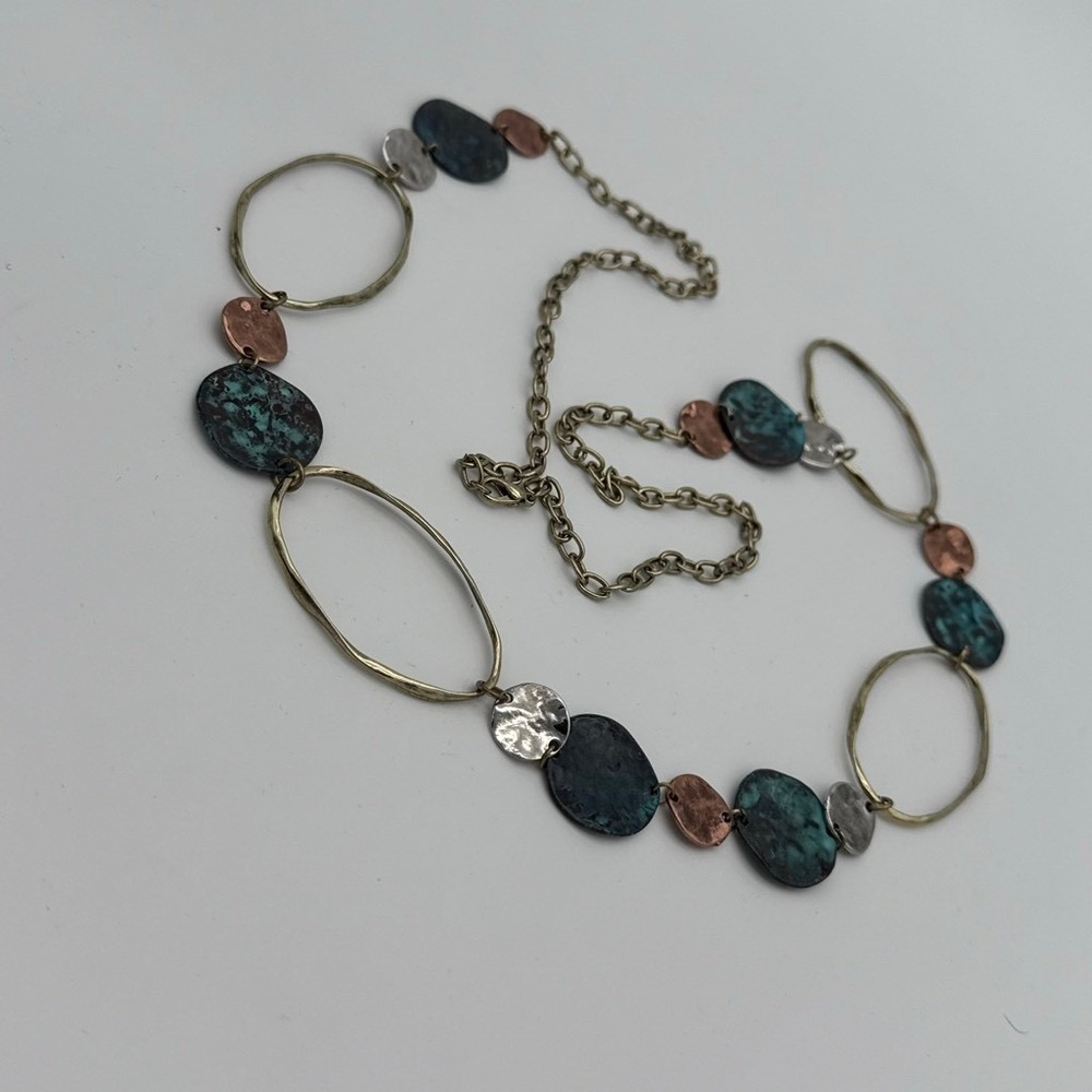 Mixed Metal Verdigris Patina Hammered Disc Long Station Necklace Boho‎ Statement